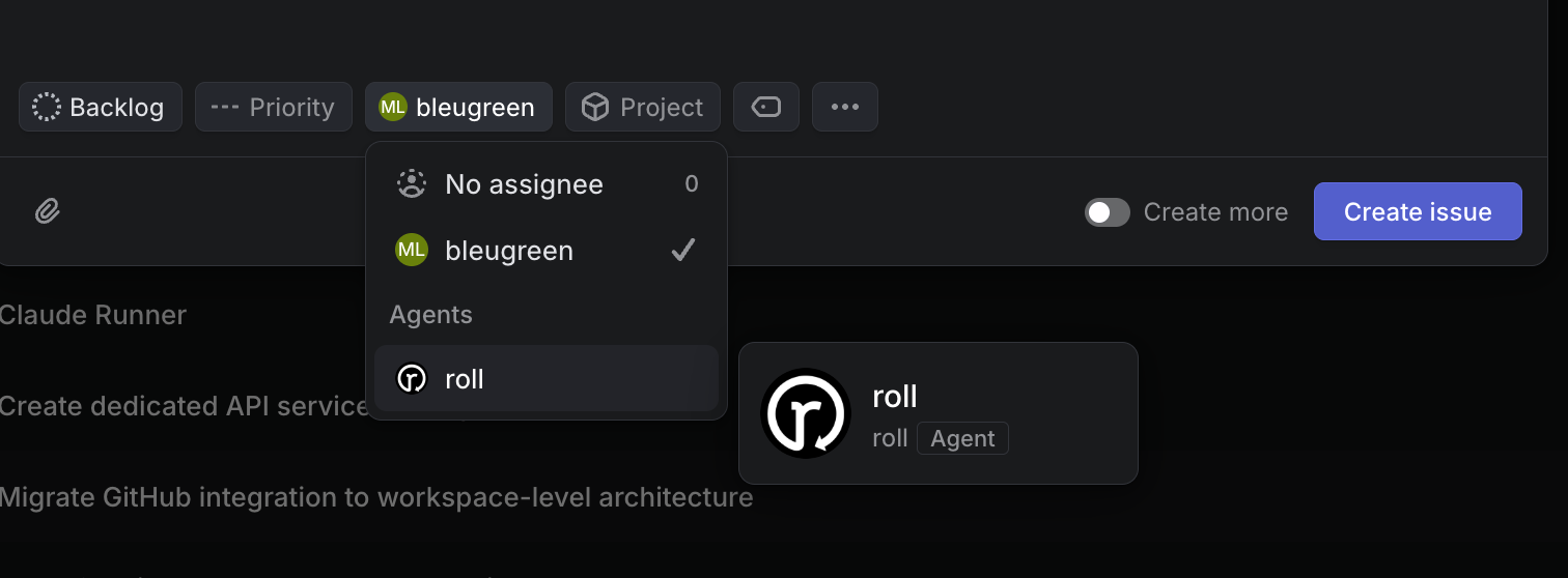 Assigning issue to agent @roll in Linear