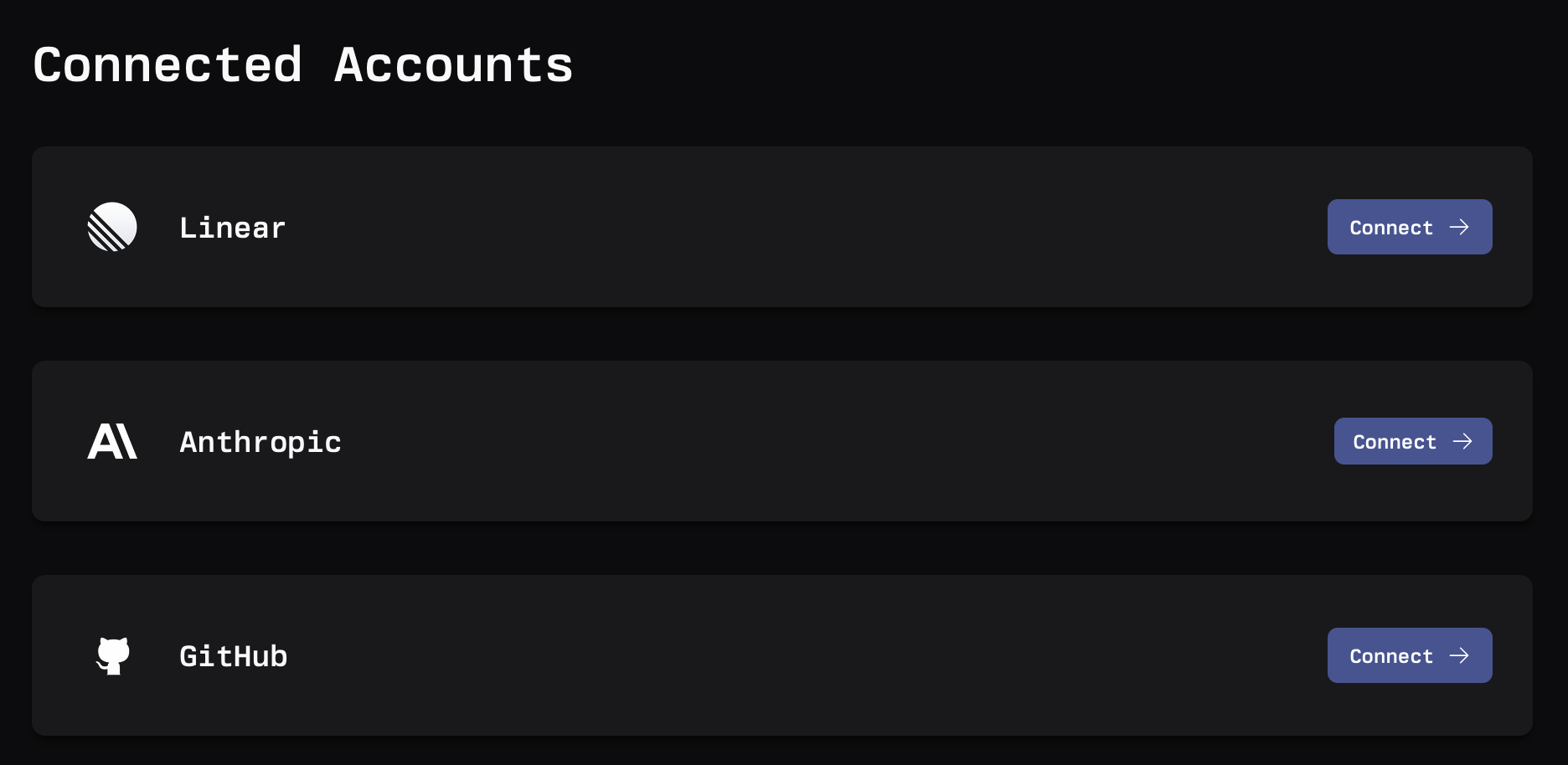 Connected Accounts page showing Linear, GitHub, and Anthropic connection options