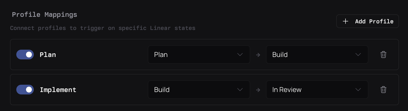 Profile mappings showing Plan and implement with dropdowns to choose Linear trigger and completion states